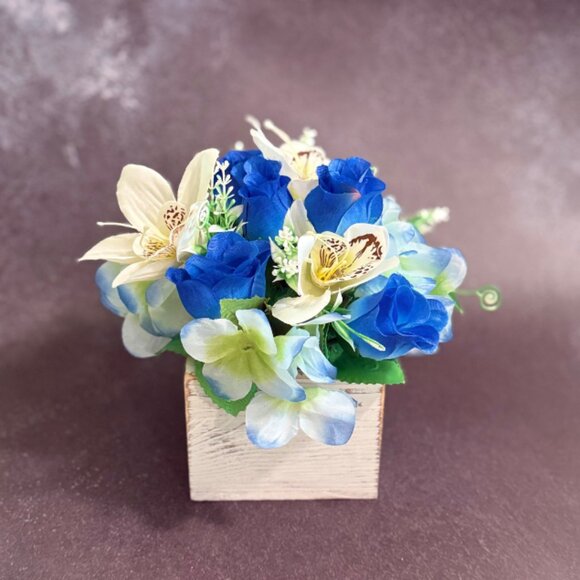 Faux Floral Arrangement in Rustic Wooden Box – Home or Office Decor - Picture 7 of 8